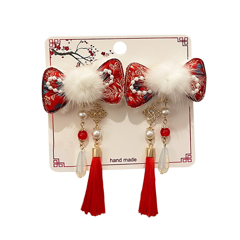 Cute New Year red hair accessory for girls in the national trend palace style, Chinese-style headwear, bow tassels, hair clips, hairpin clips, Spring Festival headwear