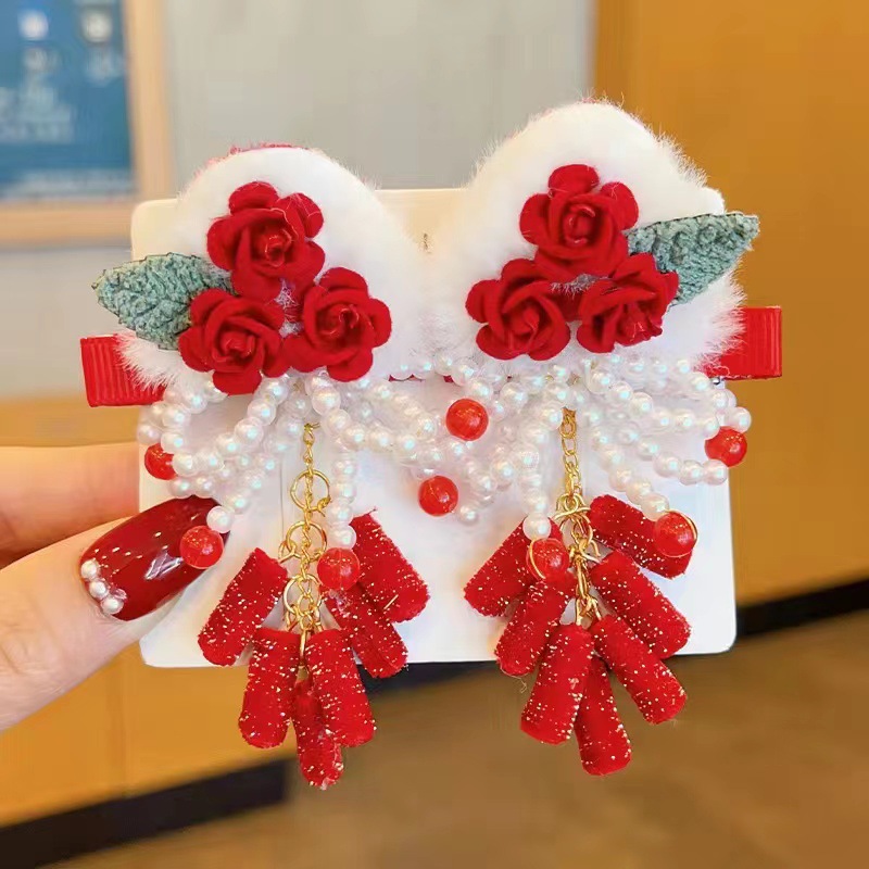 Cute girl's New Year red hair accessory, Chinese-style headwear, bow tassels, hair clips, hairpin clips, Spring Festival headwear