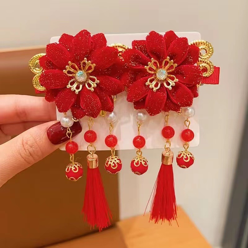 国潮红牡丹可爱女孩新年红色发饰中国风头饰蝴蝶结流苏发夹发卡夹子春节头饰图