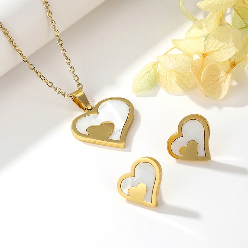 Heart-shaped necklace earrings, stainless steel export set, fashionable women's necklace wholesale set Specification image