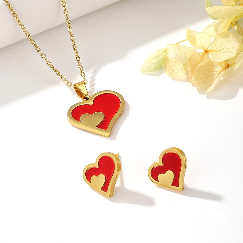 Heart-shaped necklace earrings, stainless steel export set, fashionable women's necklace wholesale set detail image 6
