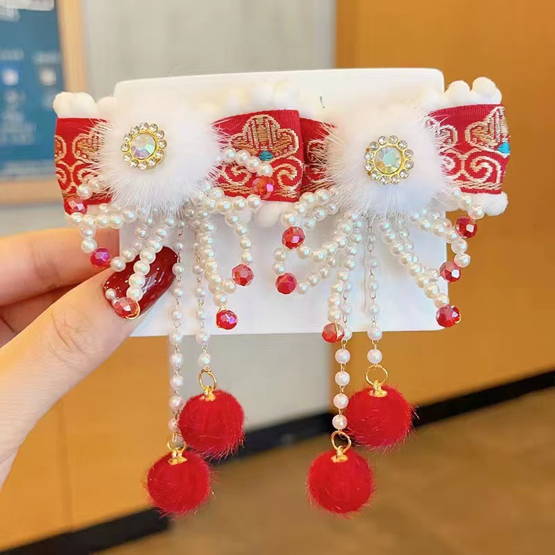 国潮喜庆可爱女孩新年红色发饰中国风头饰蝴蝶结流苏发夹发卡夹子春节头饰