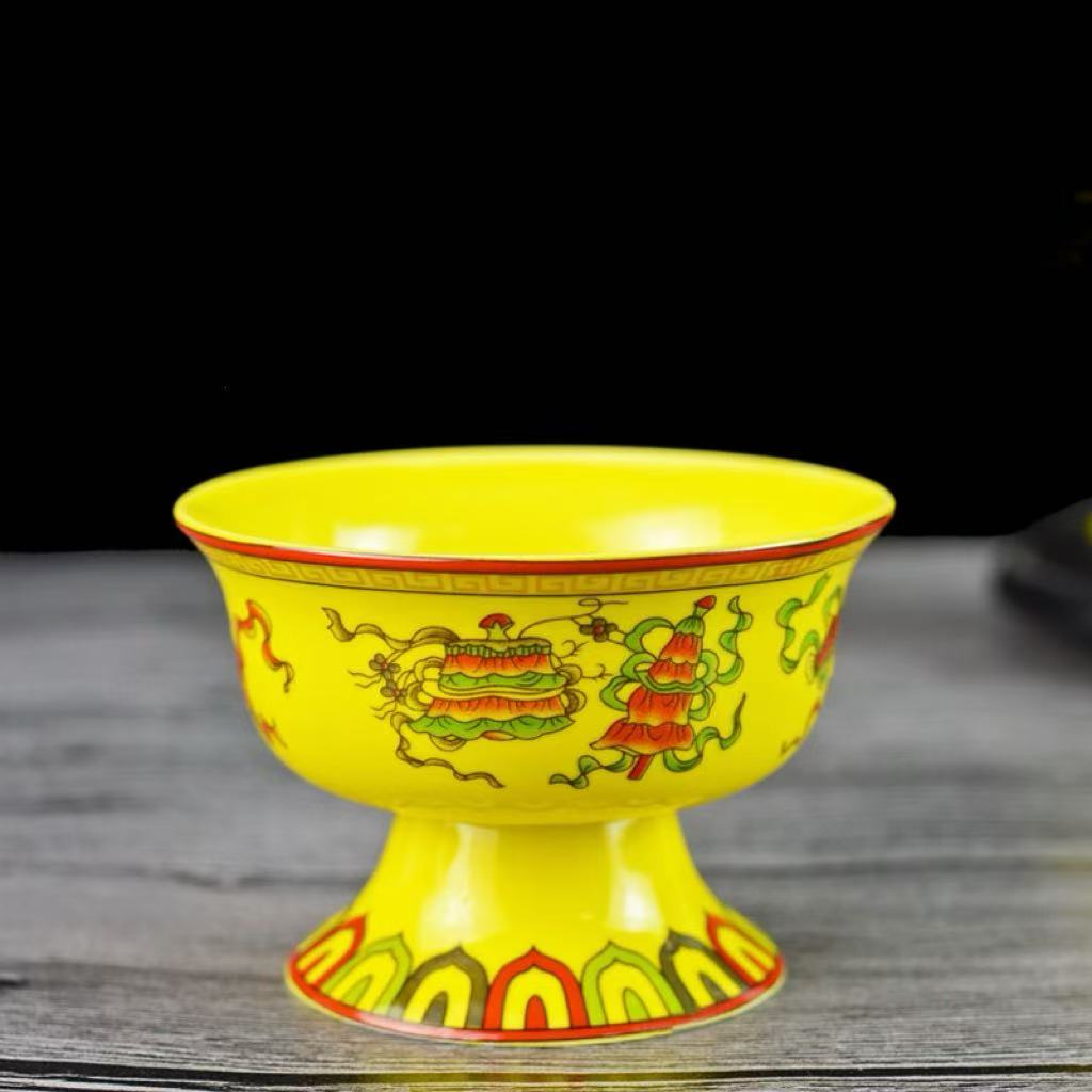 Kunkun Ceramics 3-inch and 3.5-inch Auspicious Eight Treasures high-legged Ceramic cups, Buddha Hall offering cups, Butter Tea cups Item Picture