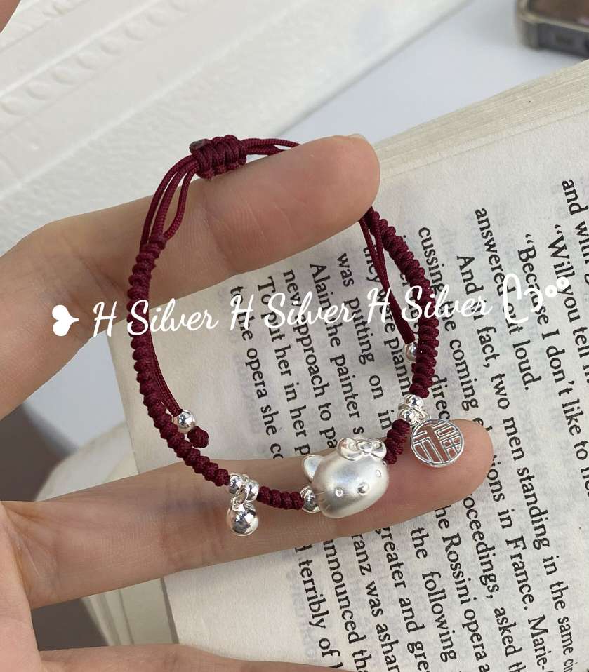 思兰银饰925银红绳手链手饰手工制作KT猫手链福牌百搭手链亲子款