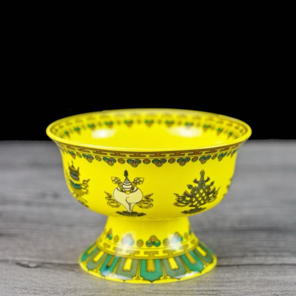 Kunkun Ceramics 3-inch and 3.5-inch Auspicious Eight Treasures high-legged Ceramic cups, Buddha Hall offering cups, Butter Tea cups Application Scenario