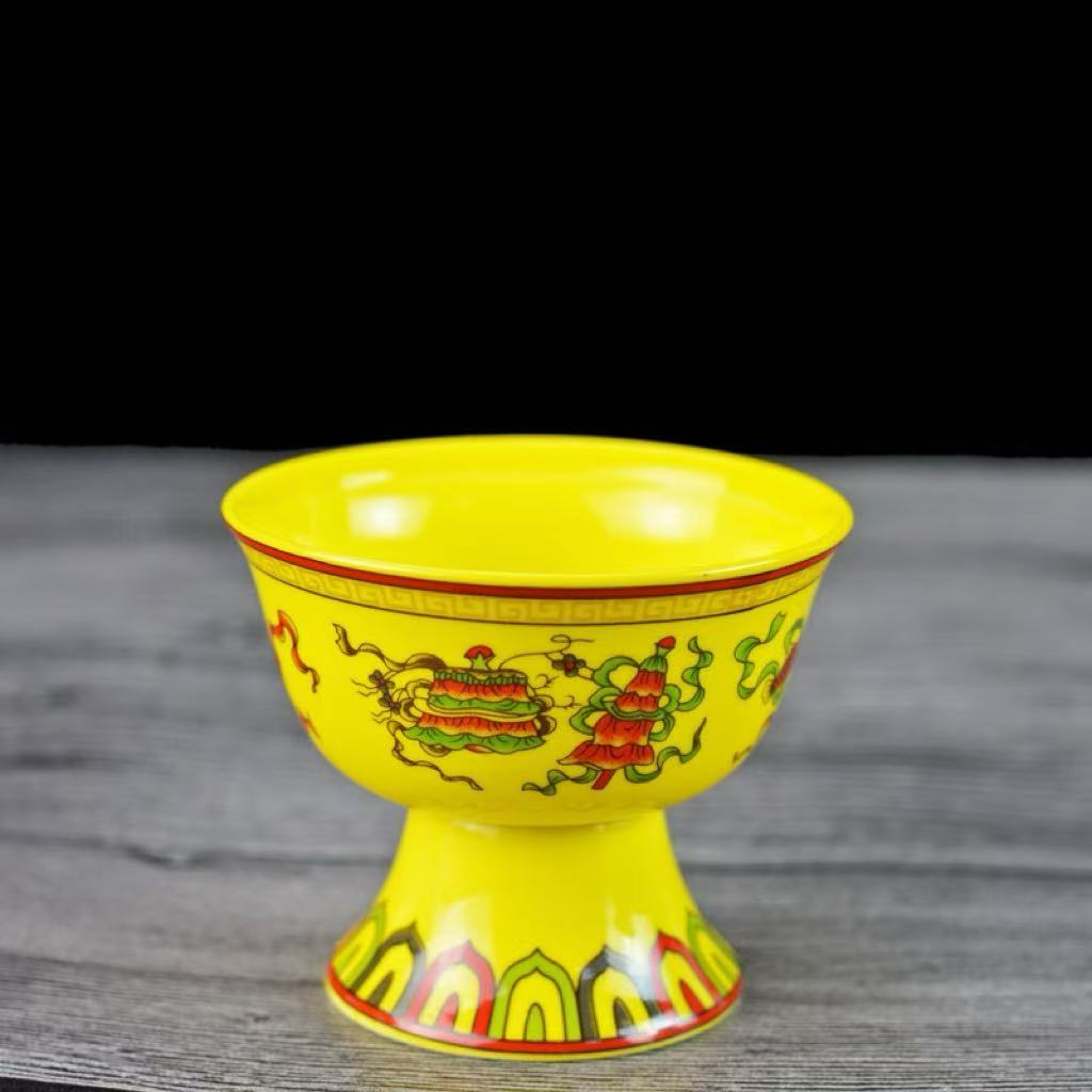 Kunkun Ceramics 3-inch and 3.5-inch Auspicious Eight Treasures high-legged Ceramic cups, Buddha Hall offering cups, Butter Tea cups details Picture