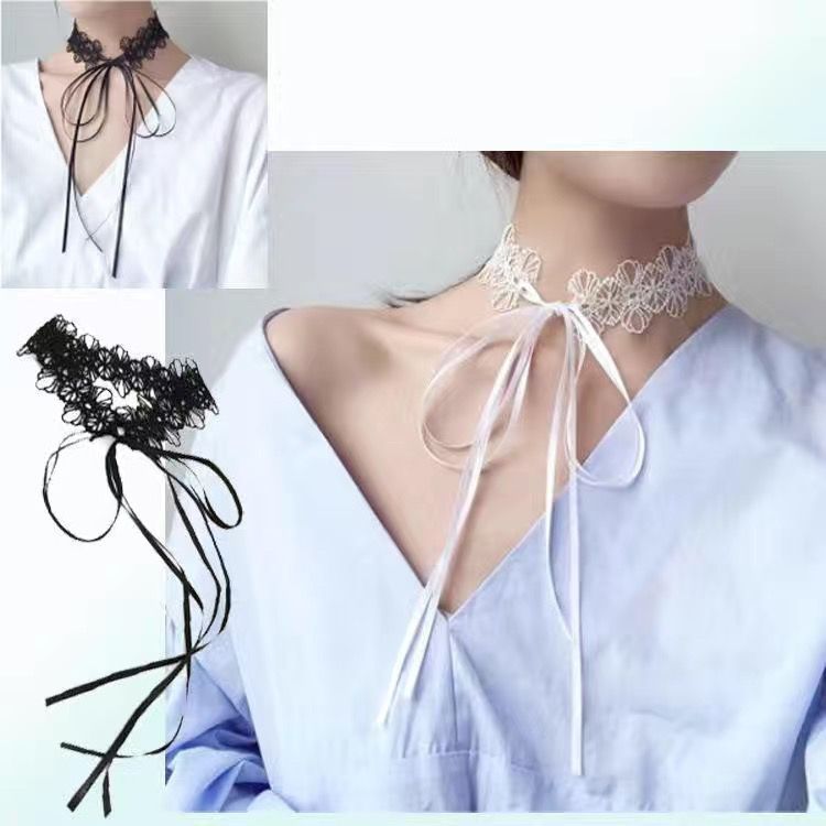 Korean style lace short necklace with a tie collar, neck strap and false collar, black and white, non-metal, anti-allergy detail image 8