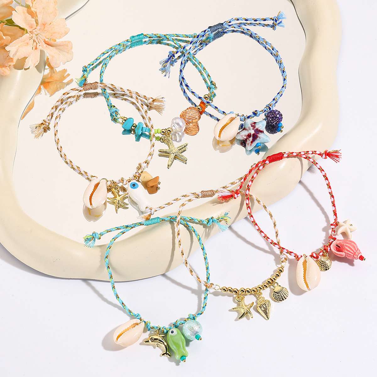 跨境爆款编织手链海洋风多巴胺海星贝壳甜美陶瓷吊坠波西米亚手链手链首饰