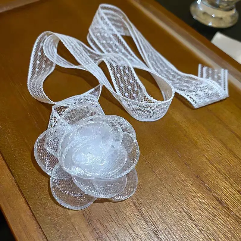 Lace ribbon flower necklace, fashionable and super fairy-like, trendy choker necklace, simple and elegant, versatile, long necklace for women detail image 2