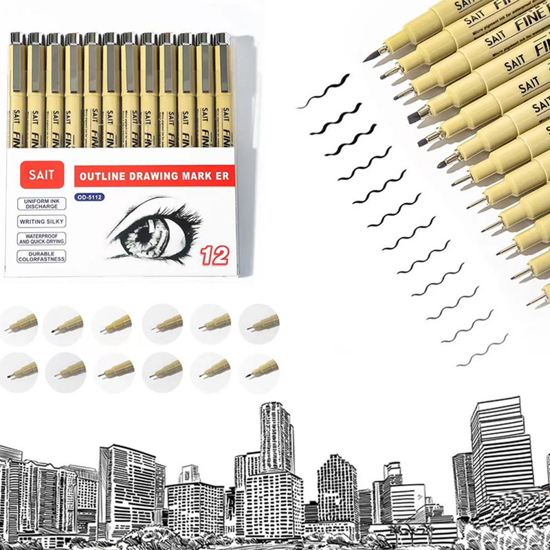 12-pack drawing and tracing needle pen, black outlining, quick-drying, waterproof, line drawing, text writing, hard-tipped ink pen full figure