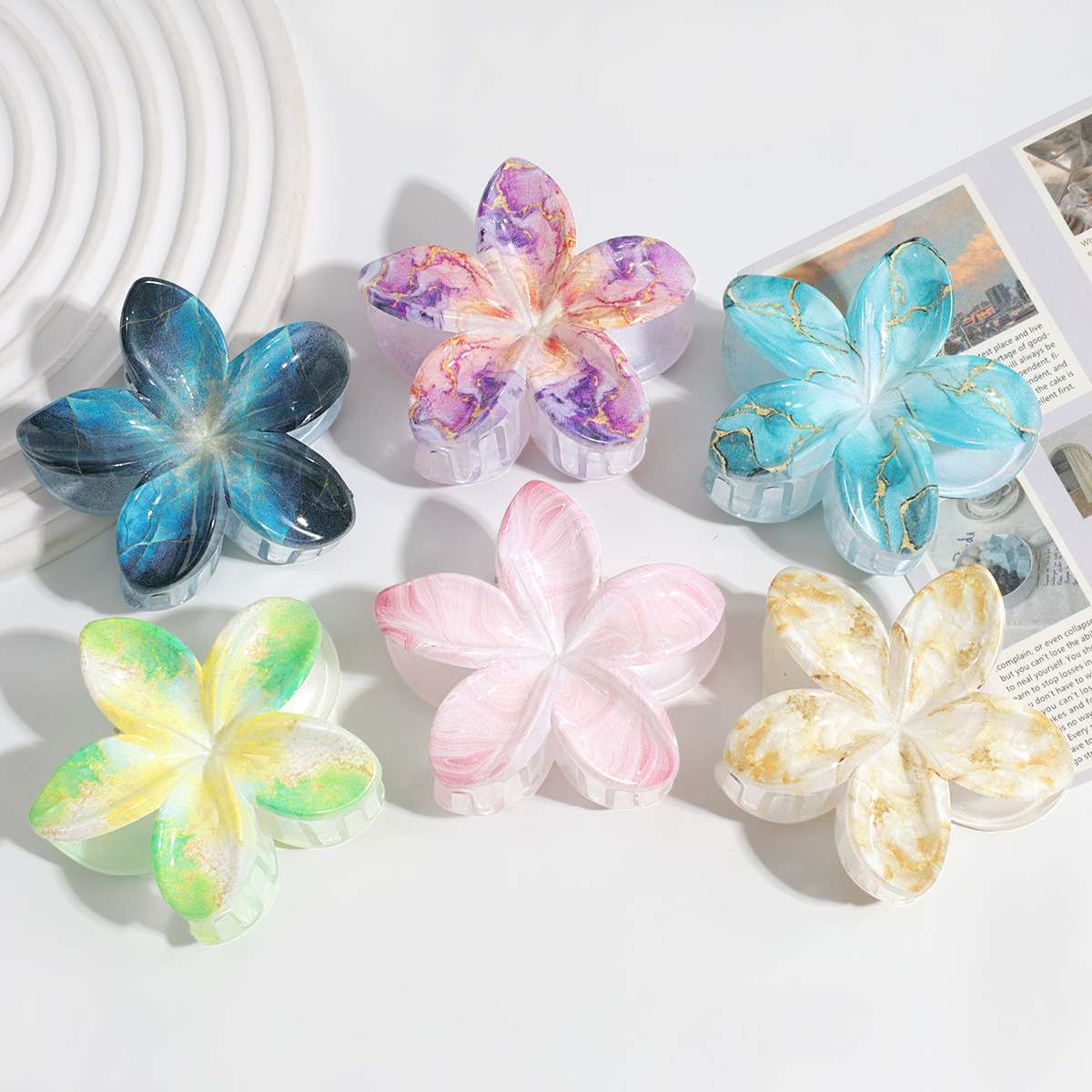 8公分大理石纹鸡蛋花流行鲨鱼夹，UV印花工艺，琳琳饰品新品上市详情图8