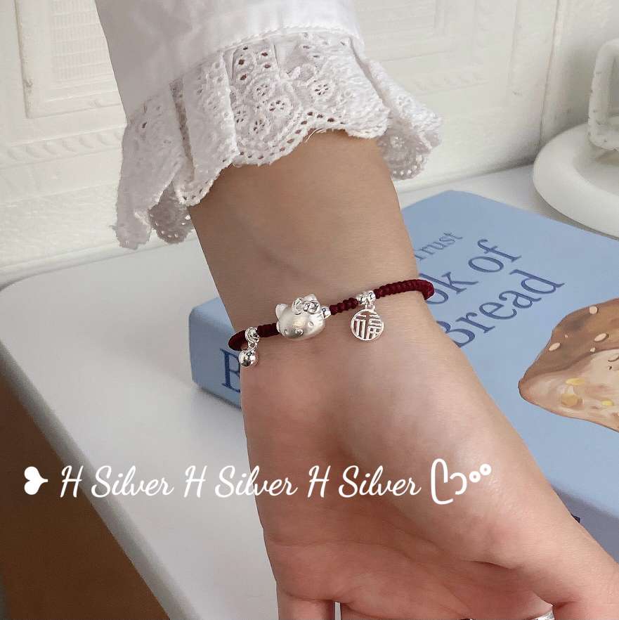 思兰银饰925银红绳手链手饰手工制作KT猫手链福牌百搭手链亲子款细节图