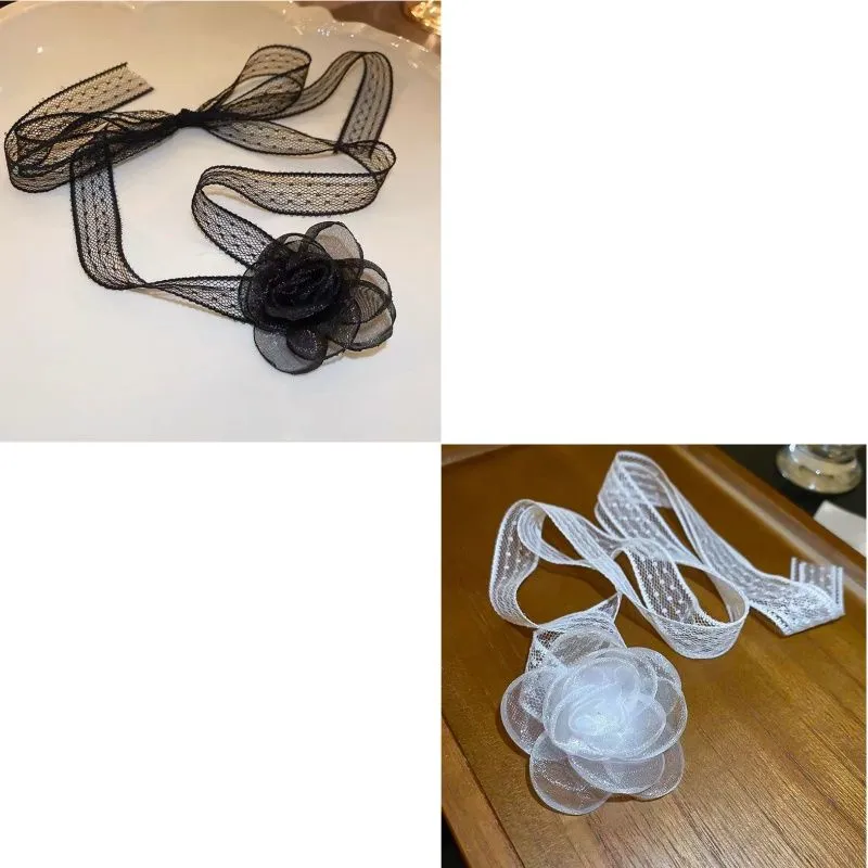 Lace ribbon flower necklace, fashionable and super fairy-like, trendy choker necklace, simple and elegant, versatile, long necklace for women detail image 4