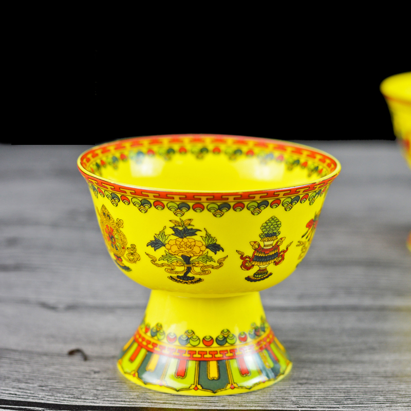 Kunkun Ceramics 3-inch and 3.5-inch Auspicious Eight Treasures high-legged Ceramic cups, Buddha Hall offering cups, Butter Tea cups