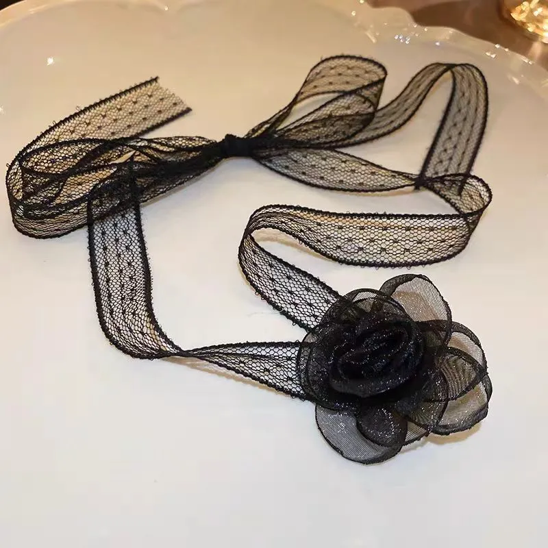 Lace ribbon flower necklace, fashionable and super fairy-like, trendy choker necklace, simple and elegant, versatile, long necklace for women detail image 5