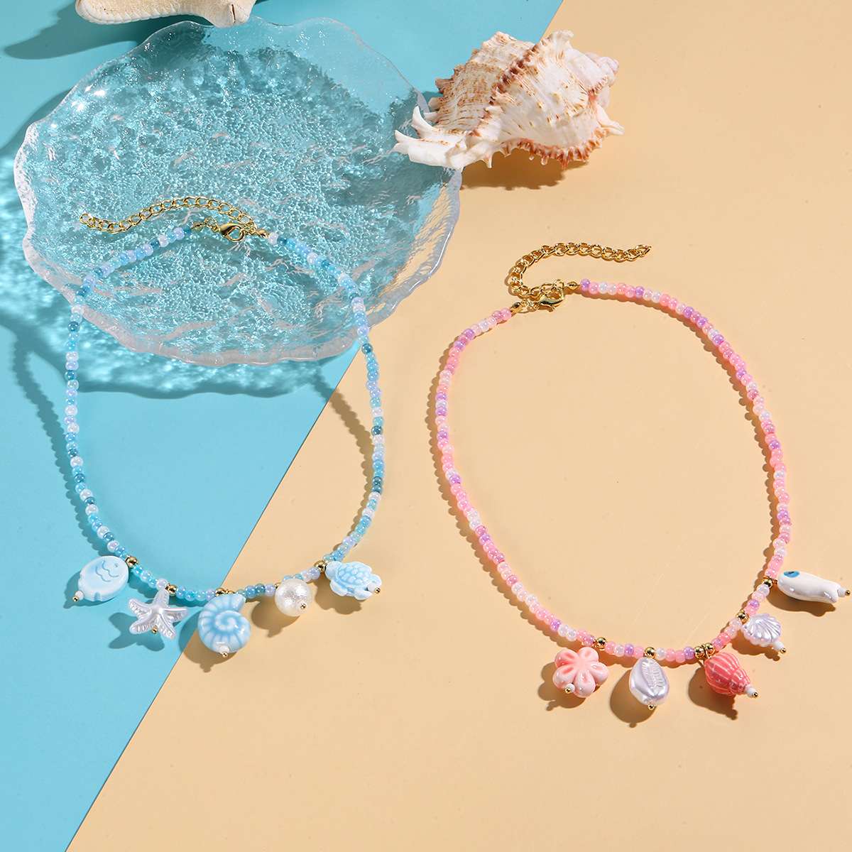 跨境饰品彩绳编织夏季首饰贝壳海星陶瓷小鱼吊坠夏季波西米亚项链项链珍珠产品图