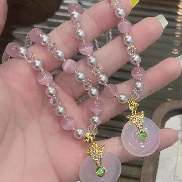 2025新款DIY精致复古仿珍珠炫彩珐琅彩人造玉环平安扣精致项链