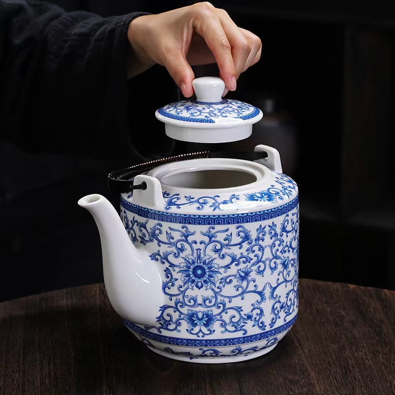 琨琨陶瓷 耐高温陶瓷提梁壶桥壶带过滤网冷水壶中式家用茶壶大容量饭店泡茶大壶茶壶