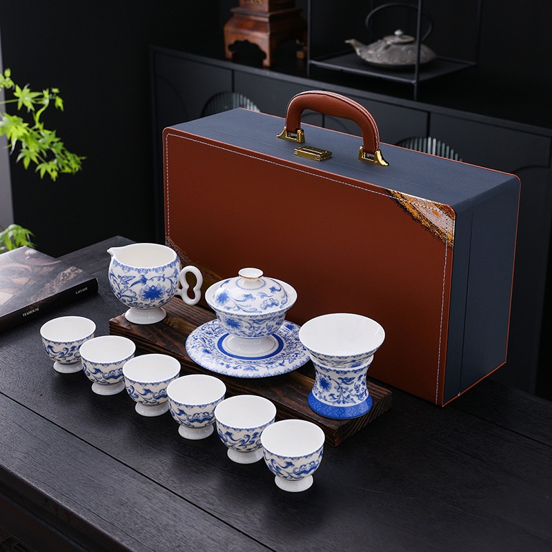 琨琨陶瓷 高档茶具套装 青花缠枝莲白瓷盖碗茶壶功夫茶具套装 家用办公室泡茶整套茶具