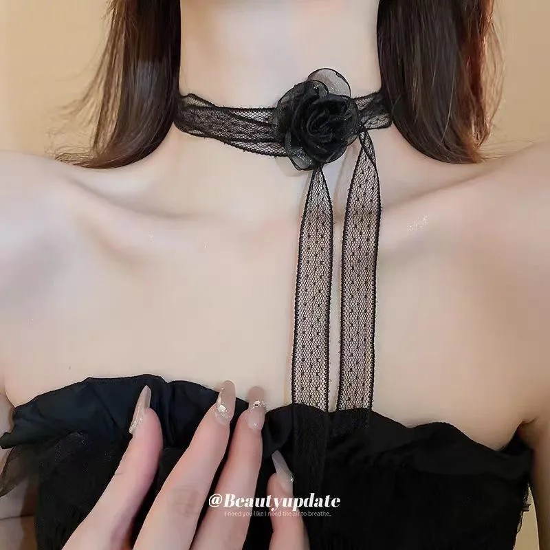 Lace ribbon flower necklace, fashionable and super fairy-like, trendy choker necklace, simple and elegant, versatile, long necklace for women detail image 6