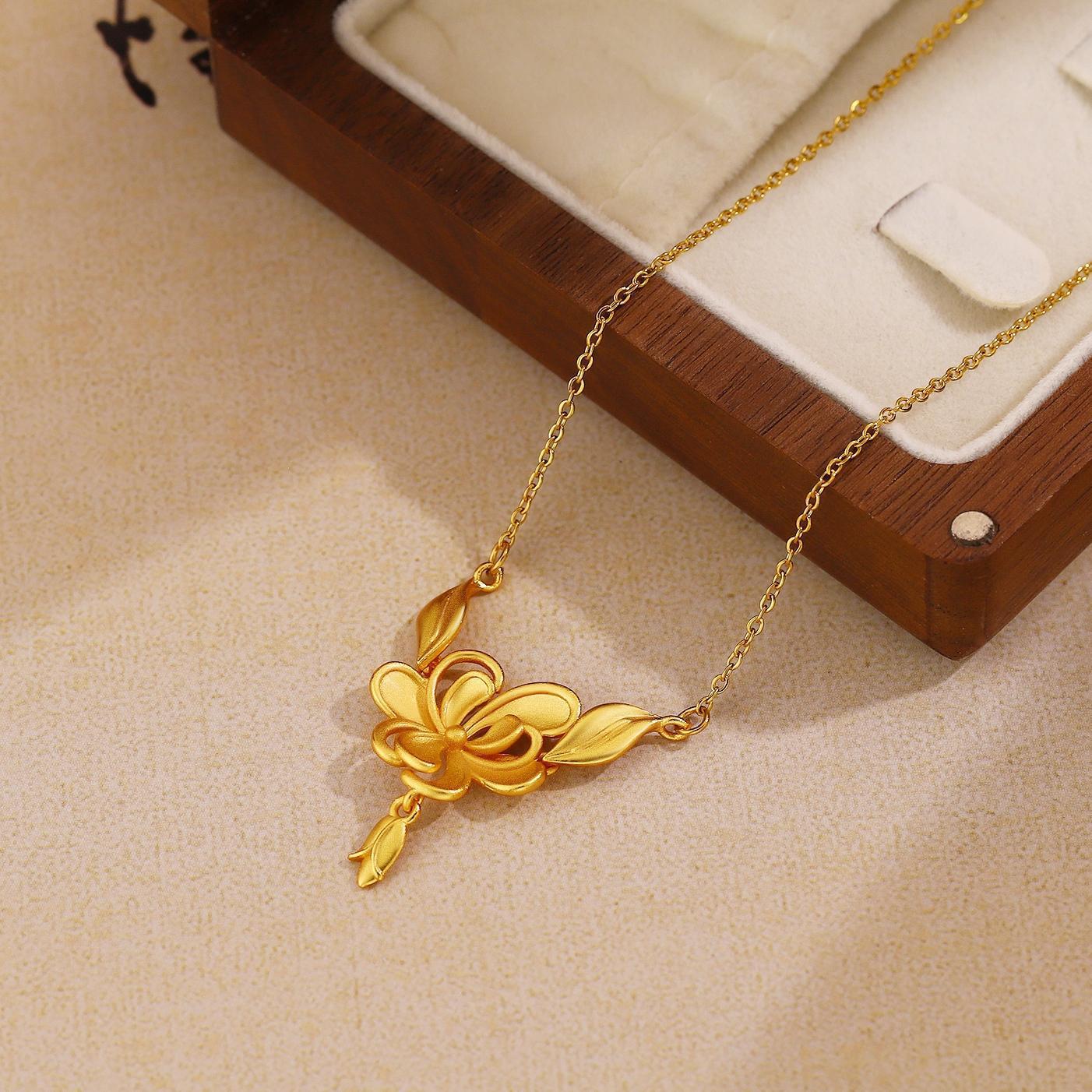 玉兰花吊坠项链女新中式古法沙金设计高级感气质百搭花朵锁骨链