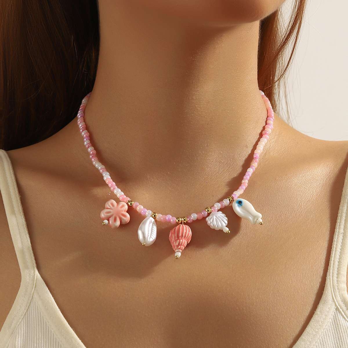 跨境饰品彩绳编织夏季首饰贝壳海星陶瓷小鱼吊坠夏季波西米亚项链项链珍珠