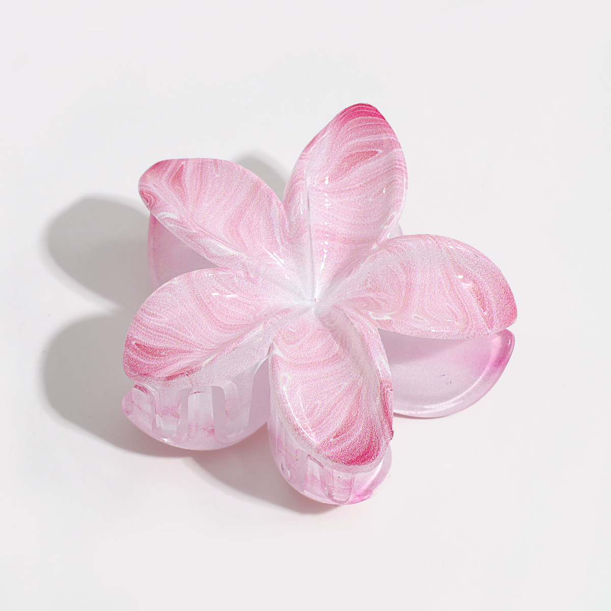 8公分大理石纹鸡蛋花流行鲨鱼夹，UV印花工艺，琳琳饰品新品上市白底实物图