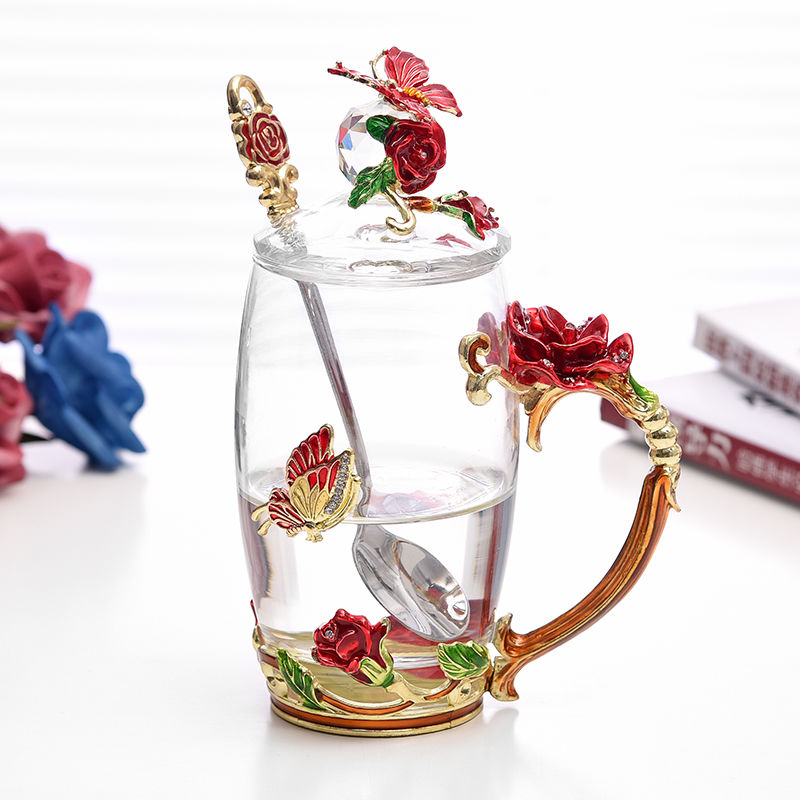 Flower tea cups, glass cups, enamel cups, factory direct sales, exquisite glass cups, Mother's Day gifts, enamel colored cups, crystal cups, tea cups, rose cups, glass cups detail image 7