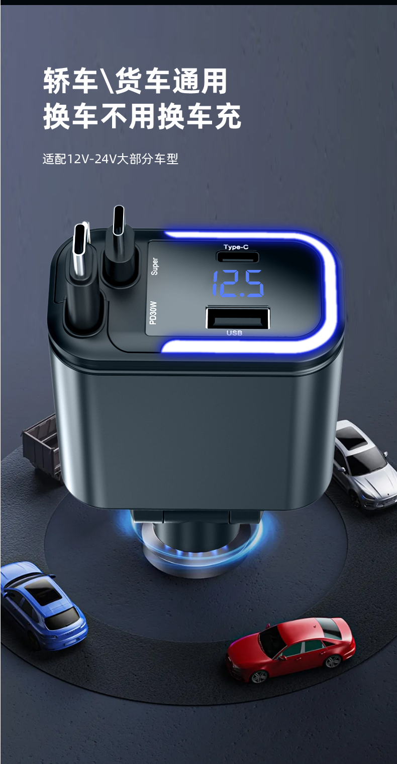 A+C dual fast charging 5IN1 stretch line car charging voltage display full fast charging PD fast charging QC PPS Super flash Charging with ambient light car charger pic 10