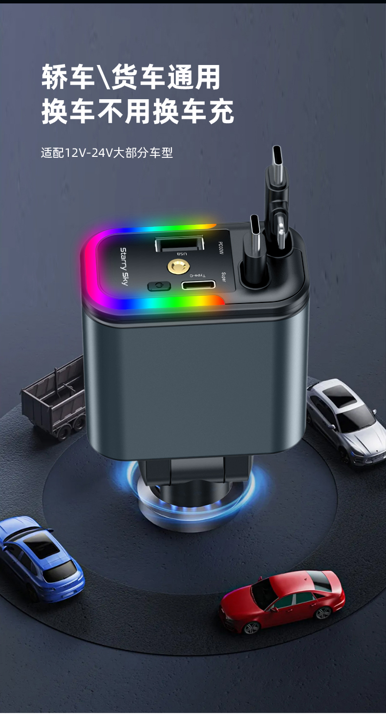 A+C dual fast charging 5IN1 stretch wire car charger, multi-functional car fast charging, starry sky ceiling light, seven-color ambient light, car mobile phone charger pic 11