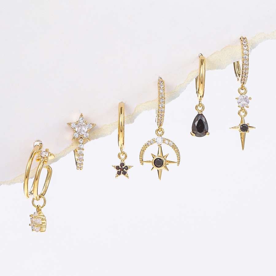 欧美跨境新款黑色锆石水滴耳环时尚简约几何形星星六件套耳饰饰品耳环耳饰烧焊锆石耳环烧焊耳环