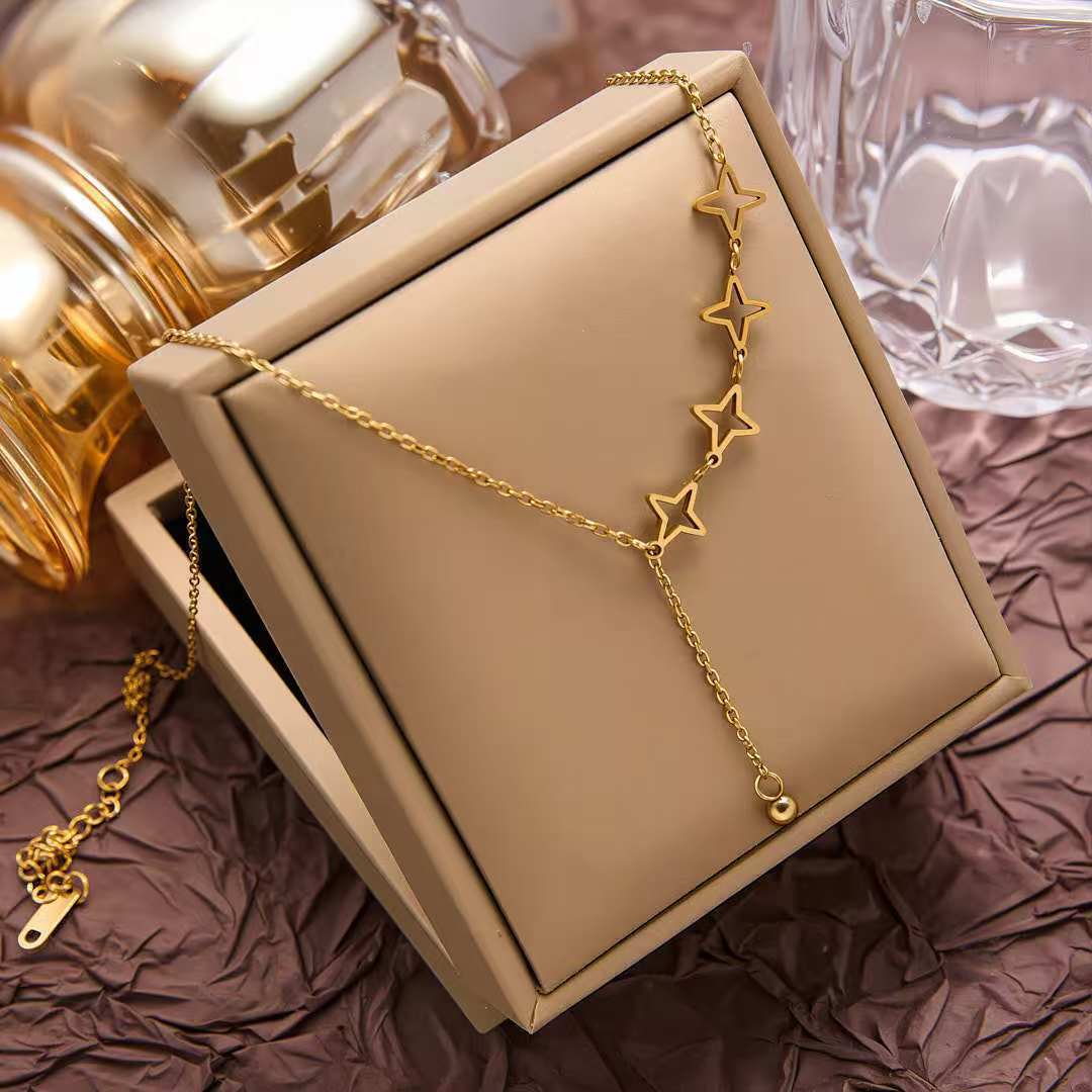 2025年新款项链金色钛合金优雅时尚四星四叶草饰品流苏Y形锁骨链 白底实物图