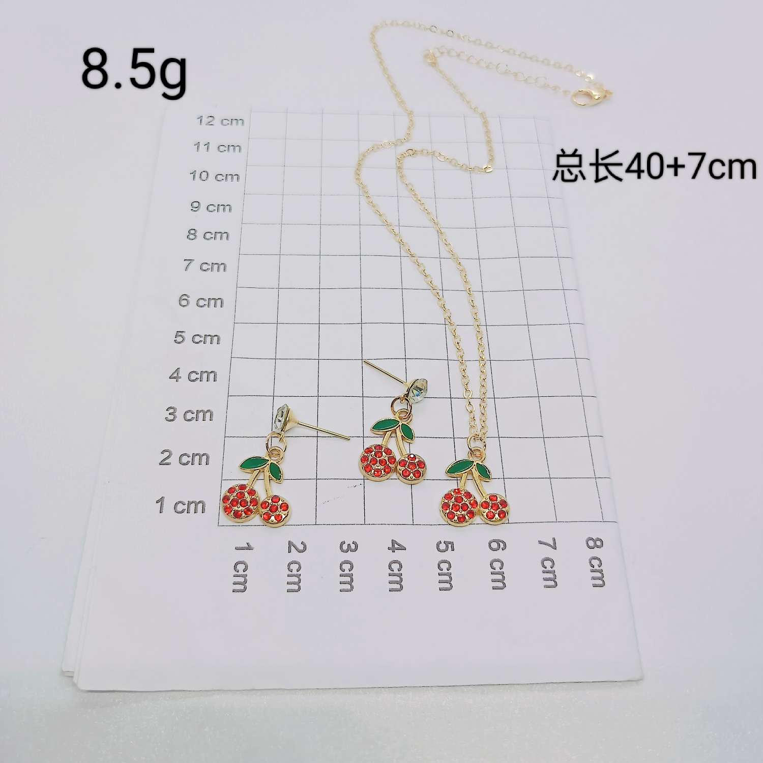 A set of fresh and sweet cherry earrings and necklaces from Amazon, a popular cross-border bestseller in Europe and America. The fruits are simple and fashionable, with oil drops and diamonds. Wholesale from the manufacturer detail image 7