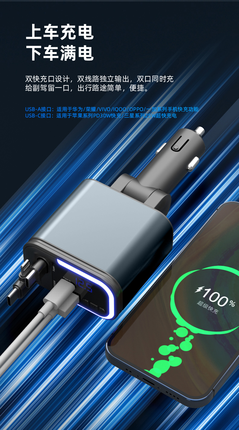 A+C dual fast charging 5IN1 stretch line car charging voltage display Bluetooth 5.3 mobile phone car charger car fast charging blue ambient light pic 7