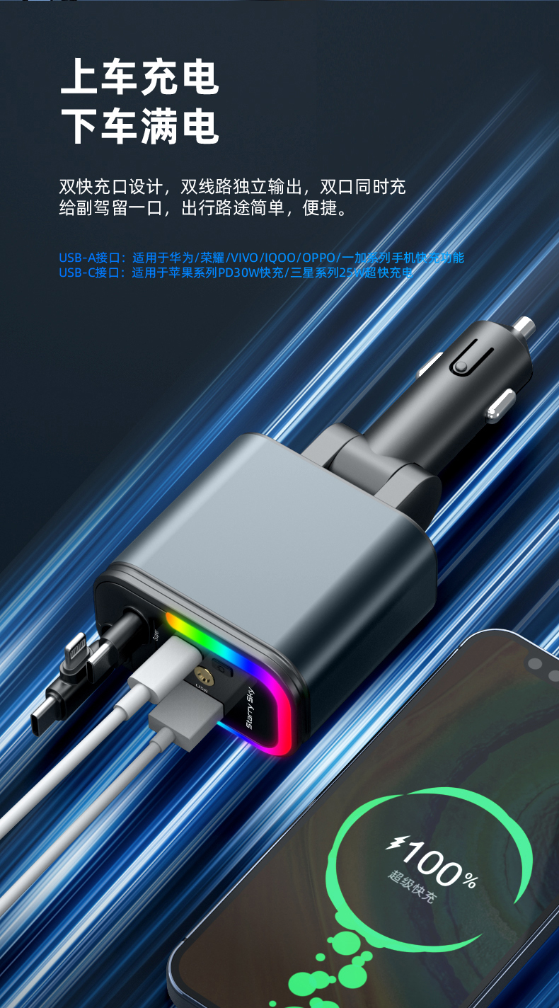 A+C dual fast charging 5IN1 stretch wire car charger, multi-functional car fast charging, starry sky ceiling light, seven-color ambient light, car mobile phone charger pic 6
