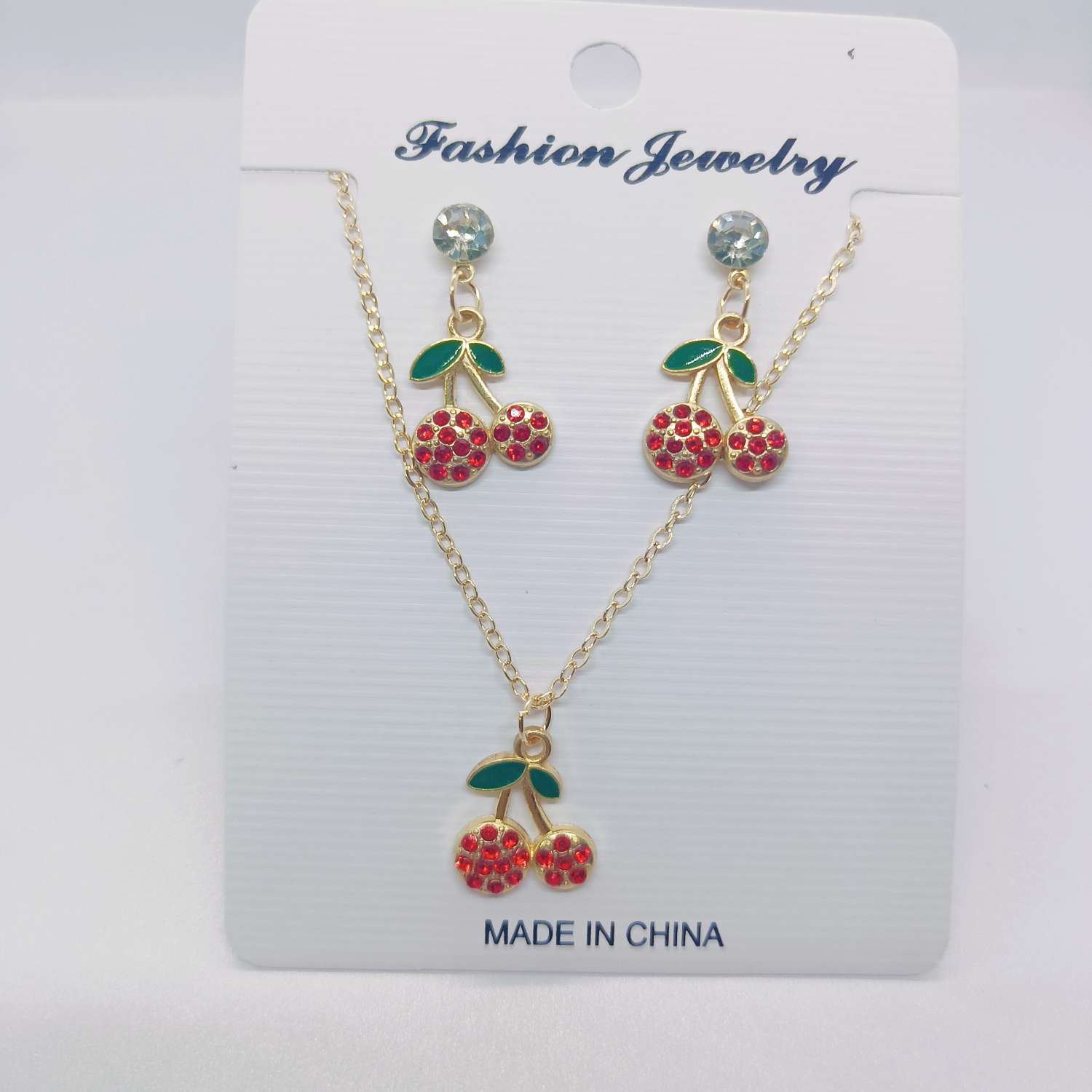 A set of fresh and sweet cherry earrings and necklaces from Amazon, a popular cross-border bestseller in Europe and America. The fruits are simple and fashionable, with oil drops and diamonds. Wholesale from the manufacturer detail image 6