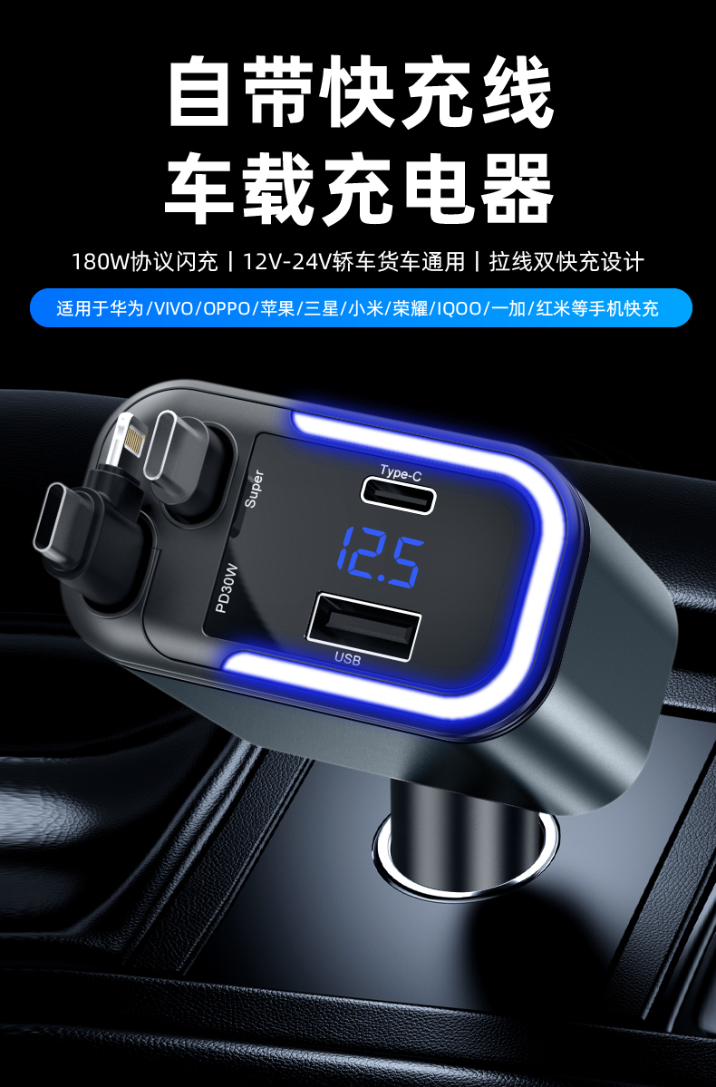 A+C dual fast charging 5IN1 stretch line car charging voltage display full fast charging PD fast charging QC PPS Super flash Charging with ambient light car charger pic 1