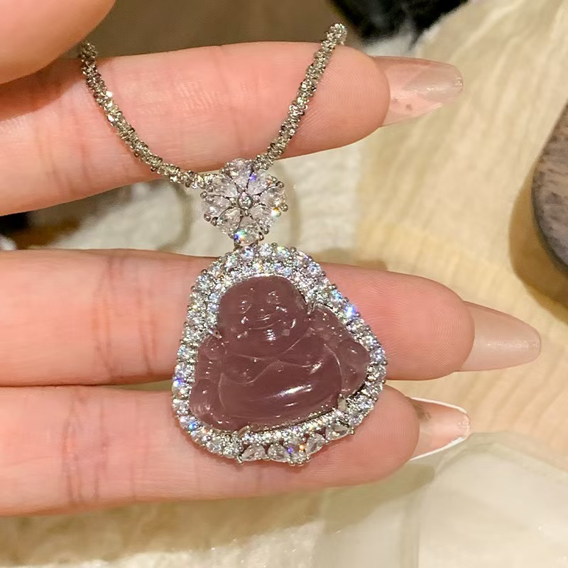 2025新中式微镶冰紫弥勒佛吊坠项链女复古国风设计简约精致锁骨链