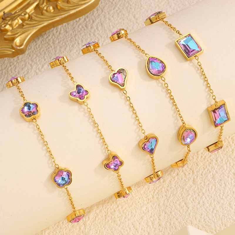 欧美个性新款不锈钢镶钻情侣手链四叶草轻奢高级感水晶手饰配饰女