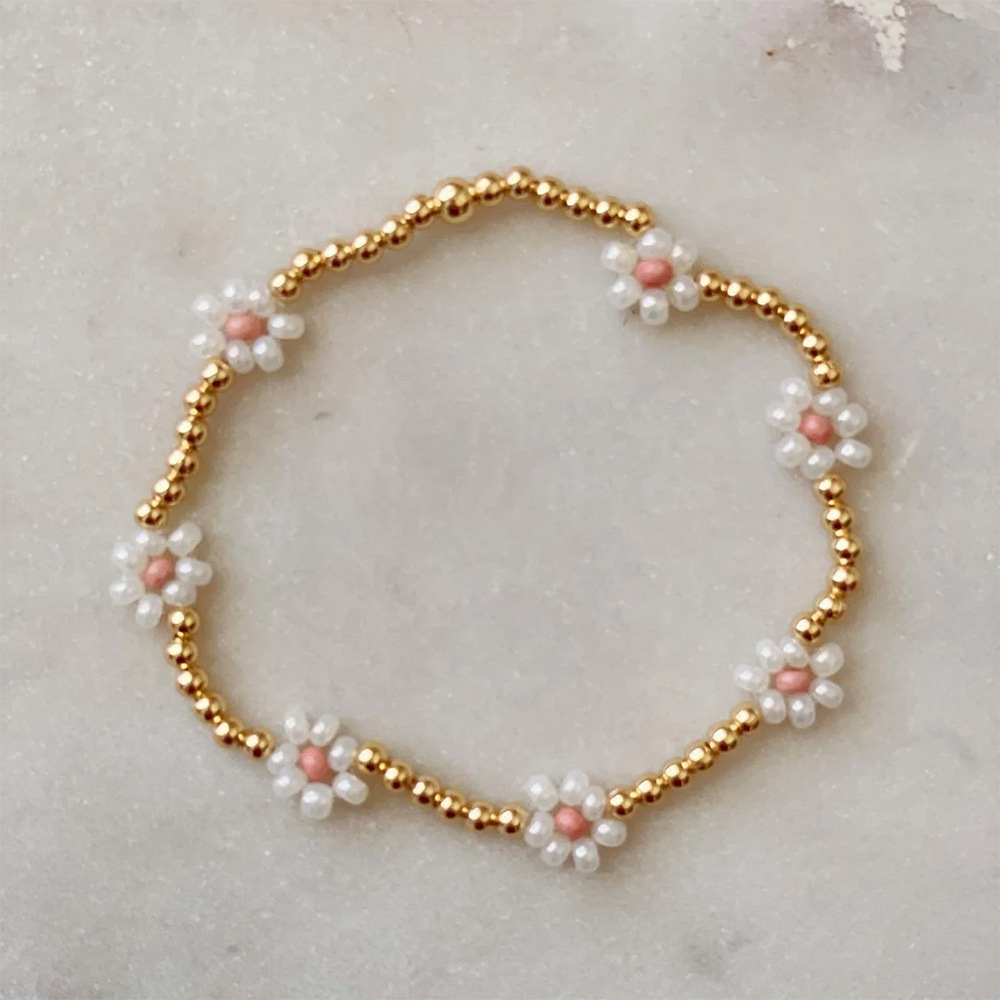 欧美小众花朵米珠镀18K金钢珠手工串珠不锈钢弹力绳手链复古百搭钛钢手串饰品配饰女详情5