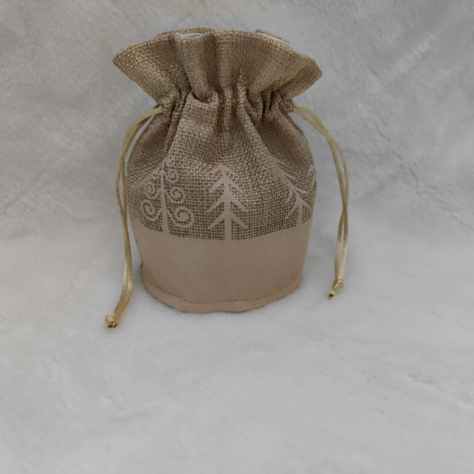 圆底形仿麻加底袋圣诞布礼品包装袋抽绳袋束口袋