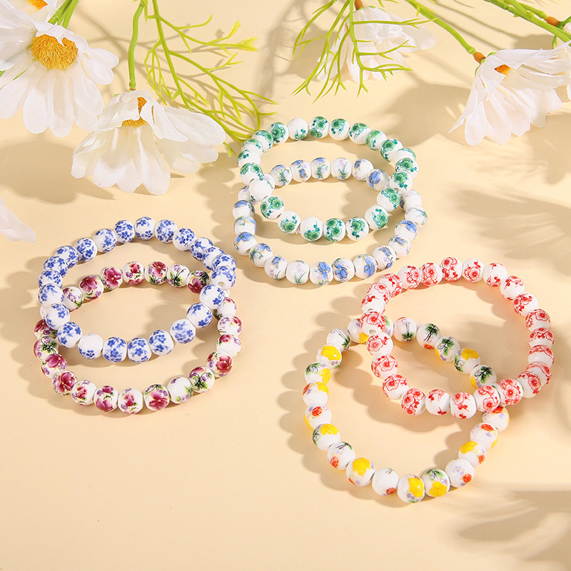 厂家直供复古小众设计景德镇陶瓷贴花串珠手串多元素印花女士手链 