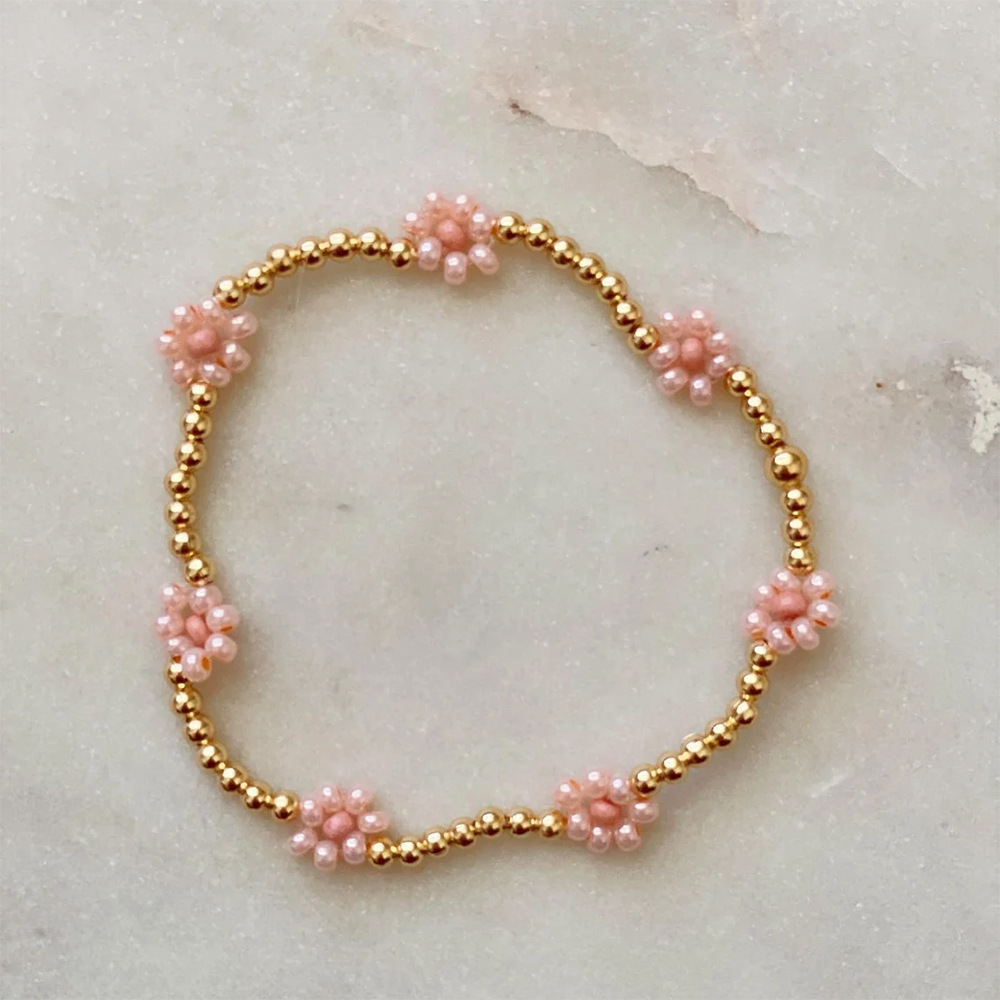 欧美小众花朵米珠镀18K金钢珠手工串珠不锈钢弹力绳手链复古百搭钛钢手串饰品配饰女详情4