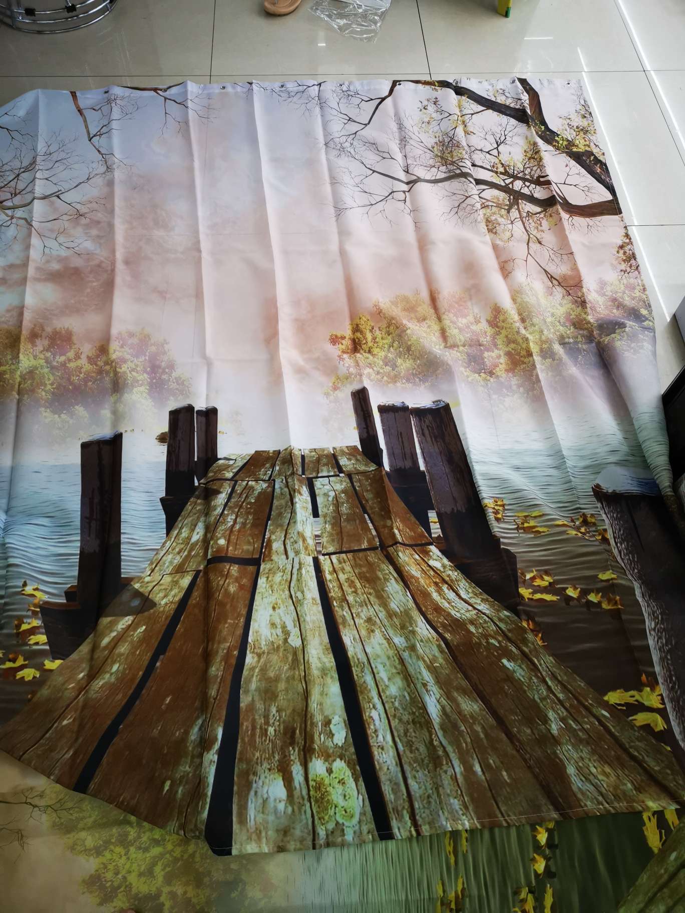 亚马逊新款黑白叶子浴帘PEVA加厚防水浴室隔断帘免打孔浴室浴帘3