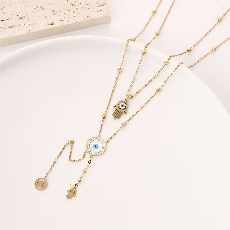 双层不锈钢外贸项链恶魔之眼手掌项链蝴蝶双层项链详情图3