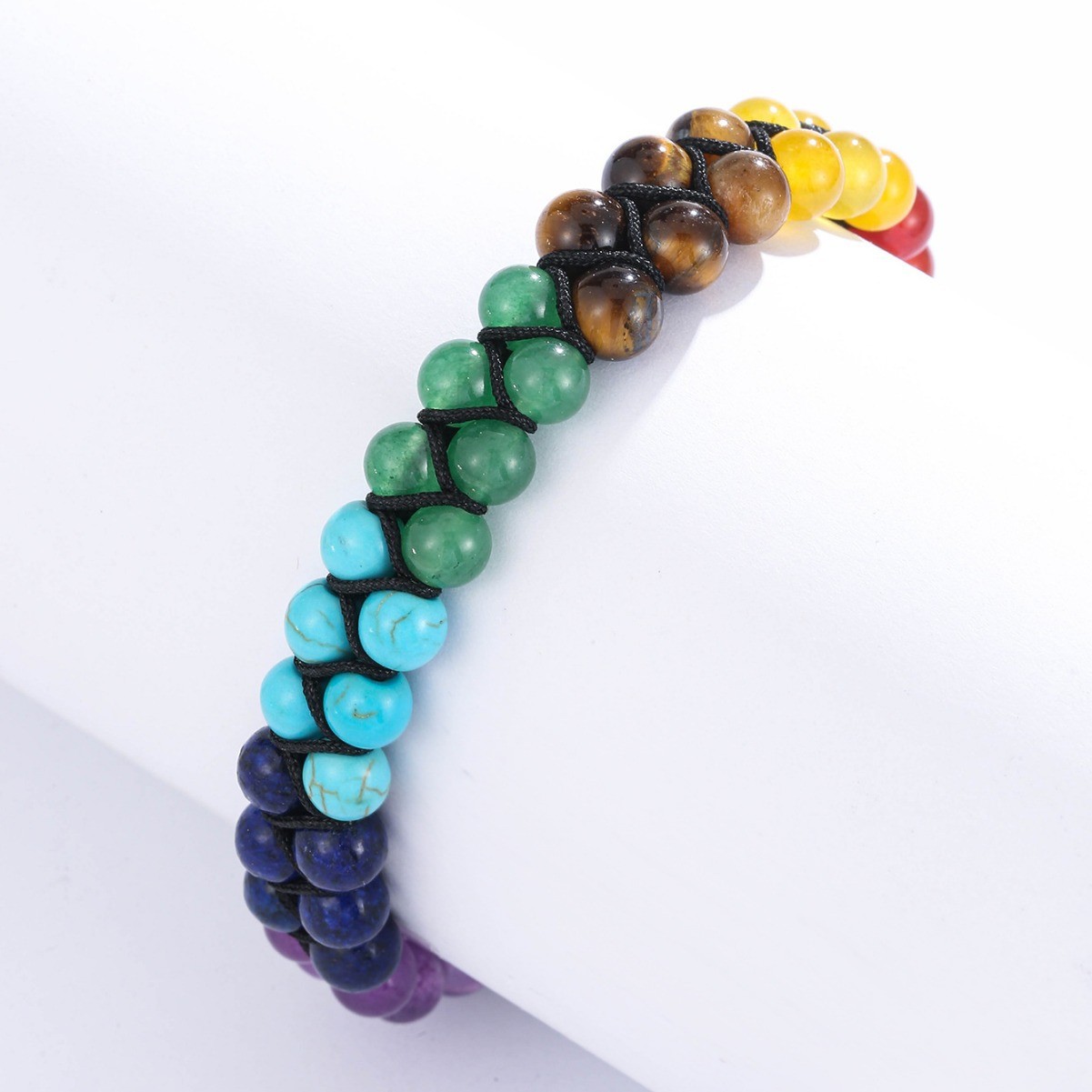 Tiger's eye, amber, lapis lazuis and other seven-star rainbow double-layer beaded, hollowed-out and diamond-encrusted butterfly woven adjustable yoga bracelet Specification image