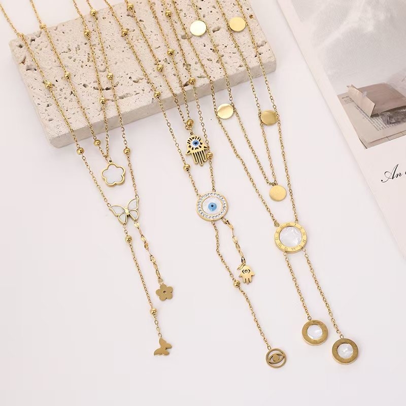 双层不锈钢外贸项链恶魔之眼手掌项链蝴蝶双层项链