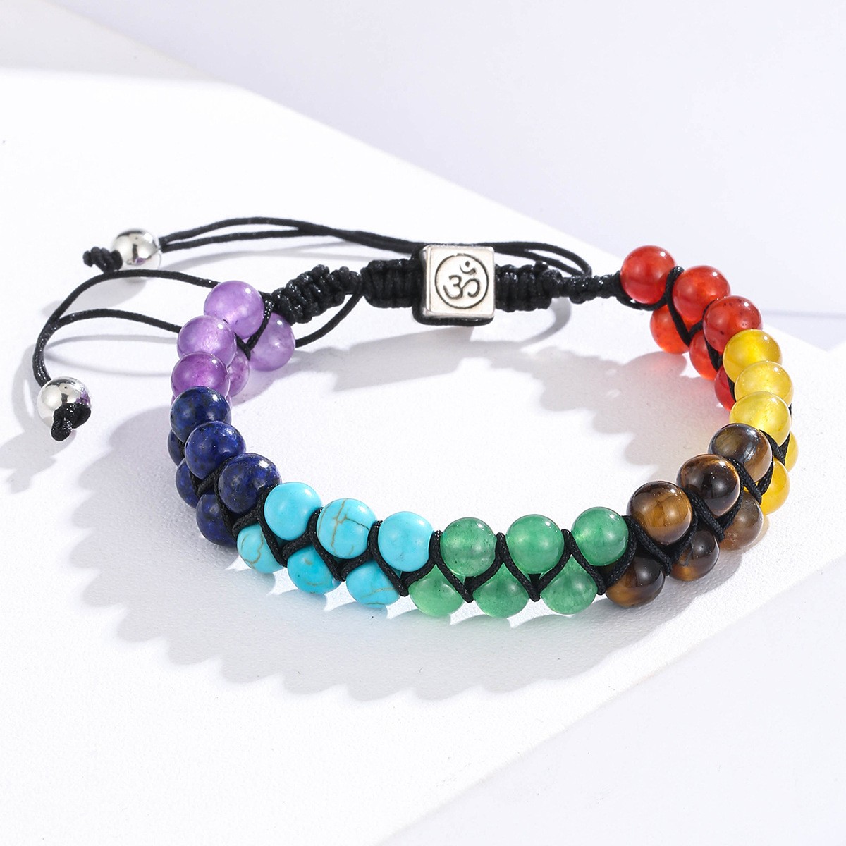 Tiger's eye, amber, lapis lazuis and other seven-star rainbow double-layer beaded, hollowed-out and diamond-encrusted butterfly woven adjustable yoga bracelet Item Picture