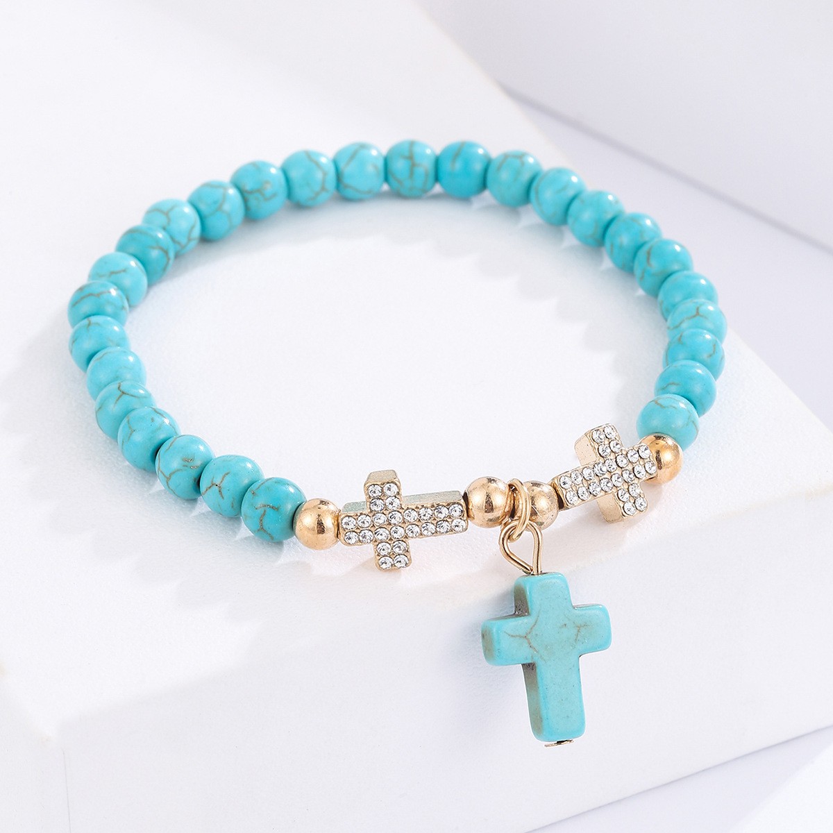 Bohemian turquoise beaded bracelet, ethnic style cross diamond-encrusted turquoise diamond ball beaded bracelet details Picture