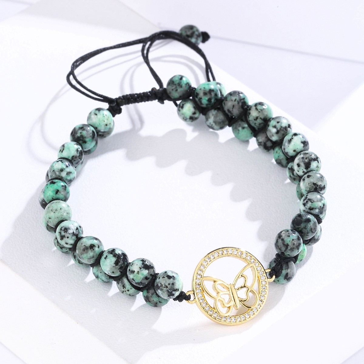 Tiger's eye, amber, lapis lazuis and other seven-star rainbow double-layer beaded, hollowed-out and diamond-encrusted butterfly woven adjustable yoga bracelet